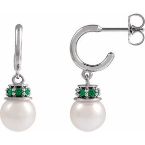 Sterling Silver Cultured White Freshwater Pearl & Natural Tsavorite Garnet Hoop Earrings