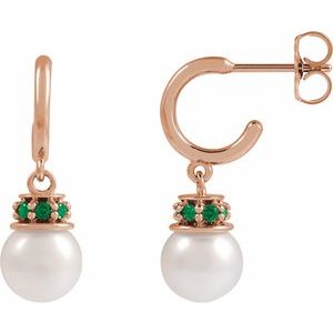 14K Rose Gold Cultured White Freshwater Pearl & Natural Tsavorite Garnet Hoop Earrings