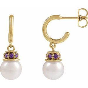 14K Yellow Gold Cultured White Freshwater Pearl & Lab-Grown Purple Sapphire Hoop Earrings