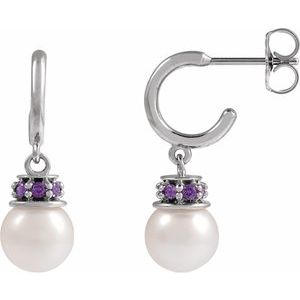 Platinum Cultured White Freshwater Pearl & Lab-Grown Purple Sapphire Hoop Earrings