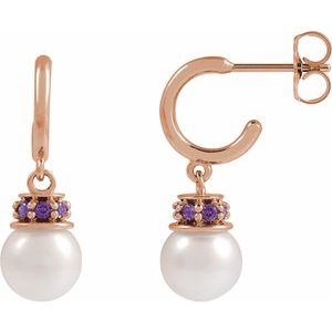 14K Rose Gold Cultured White Freshwater Pearl & Lab-Grown Purple Sapphire Hoop Earrings