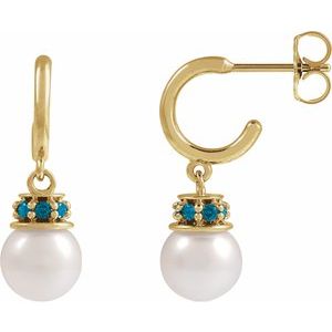 14K Yellow Gold Cultured White Freshwater Pearl & Natural London Blue Topaz Hoop Earrings