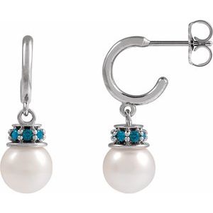 14K White Gold Cultured White Freshwater Pearl & Natural London Blue Topaz Hoop Earrings