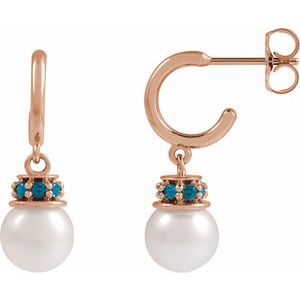 14K Rose Gold Cultured White Freshwater Pearl & Natural London Blue Topaz Hoop Earrings