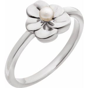14K White Gold Cultured White Seed Pearl Floral Ring