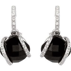 14K White Gold Natural Black Onyx & 1/10 CTW Natural Diamond Earrings