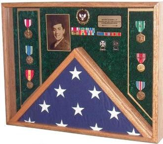 Deluxe Combo Awards Flag Display Case - Oak