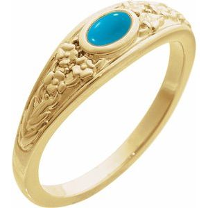 14K Yellow Gold Natural Turquoise Cabochon Floral Ring