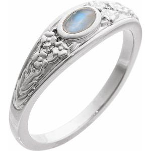 14K White Gold Natural Moonstone Cabochon Floral Ring