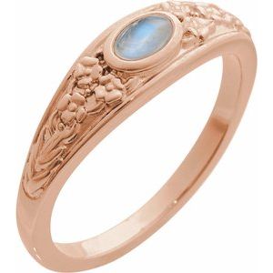 14K Rose Gold Natural Moonstone Cabochon Floral Ring