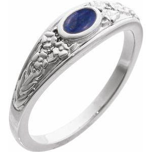Sterling Silver Natural Lapis Cabochon Floral Ring