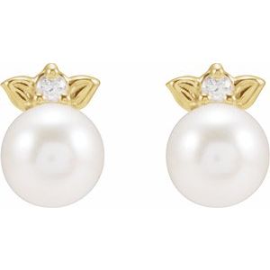14K Yellow Gold Cultured Akoya Pearl & .03 CTW Natural Diamond  Floral Earrings