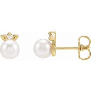 14K Yellow Gold Cultured Akoya Pearl & .03 CTW Natural Diamond  Floral Earrings