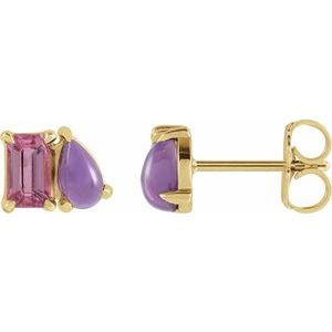 14K Yellow Gold Natural Pink Tourmaline & Natural Amethyst Two-Stone Stud Earrings