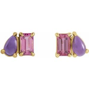 14K Yellow Gold Natural Pink Tourmaline & Natural Amethyst Two-Stone Stud Earrings – image 2