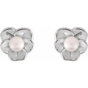 14K White Gold Cultured Seed Pearl Floral Earrings