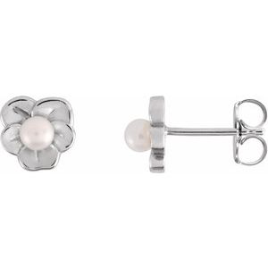 14K White Gold Cultured Seed Pearl Floral Earrings