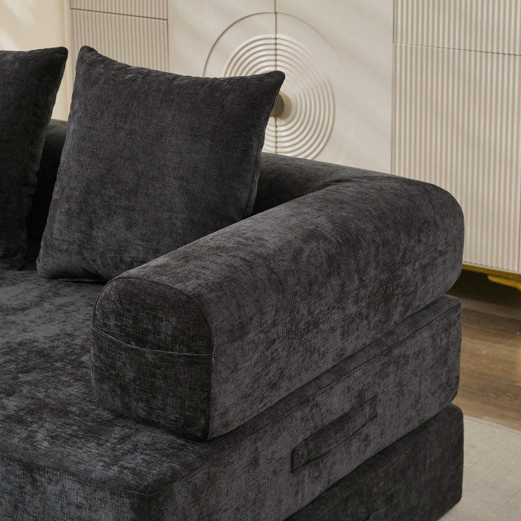 Comfy Convertible Folding Mattress Couch, Floor Sofa Bed, Chenille Floor Sofa with Armrest, Floor Sofa Lounge Couch for Living Room Bedroom Lounge Studio-Black