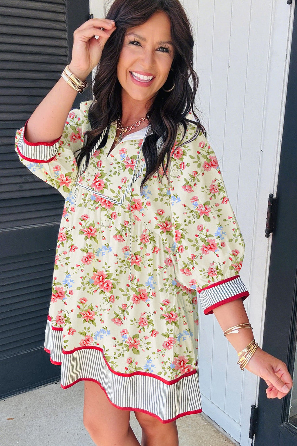 Floral Stripe Trim 3/4 Puff Sleeve Dress