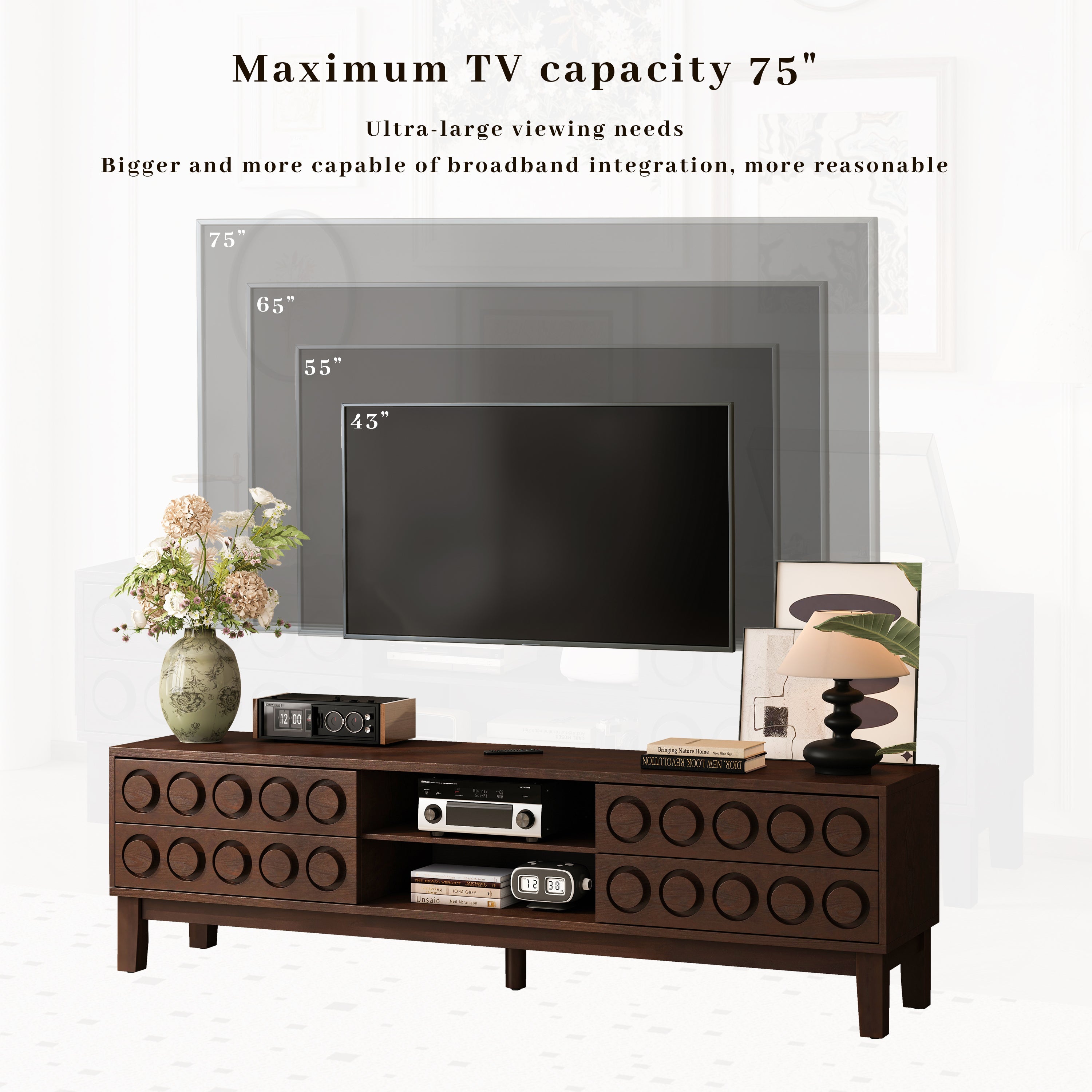 TV Stand for TVs up to 75', Media Console with 4 Drawers, Entertainment Center with Storage for Living Room and Bedroom(Dark Brown)