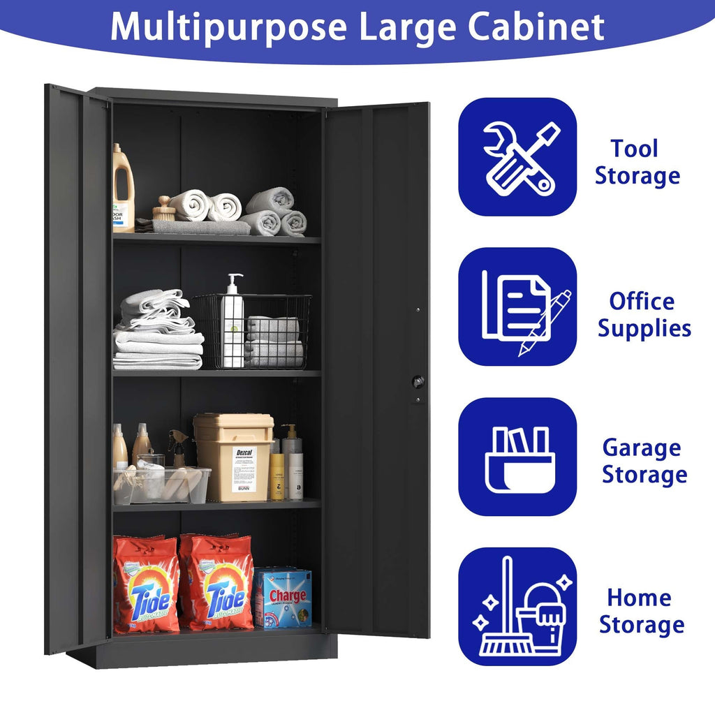 Heavy Metal Garage Storage Cabinet, Black Tool Steel Locking Cabinet with Doors and 3 Adjustable Shelves, 71 Inch Tall