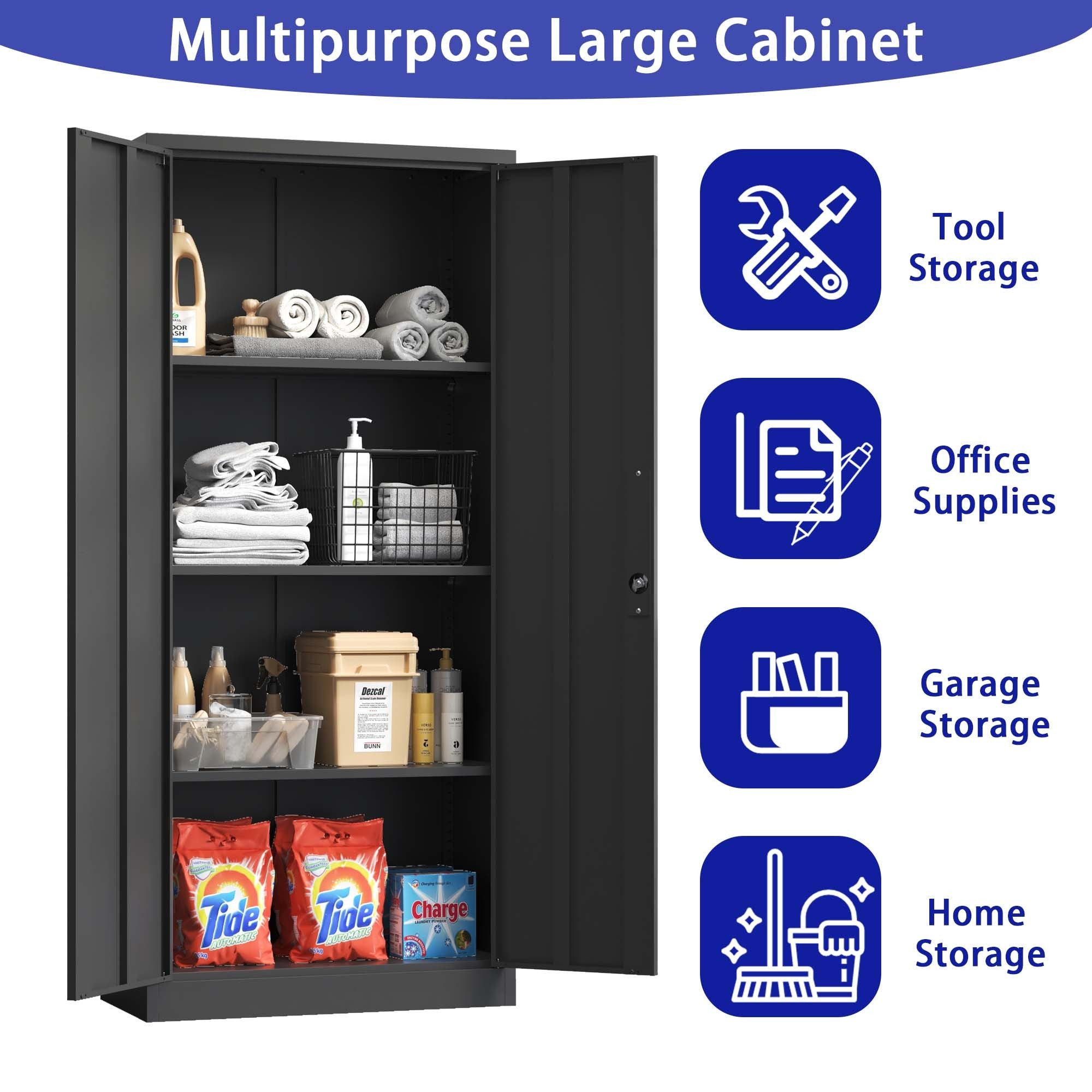 Heavy Metal Garage Storage Cabinet, Black Tool Steel Locking Cabinet with Doors and 3 Adjustable Shelves, 71 Inch Tall