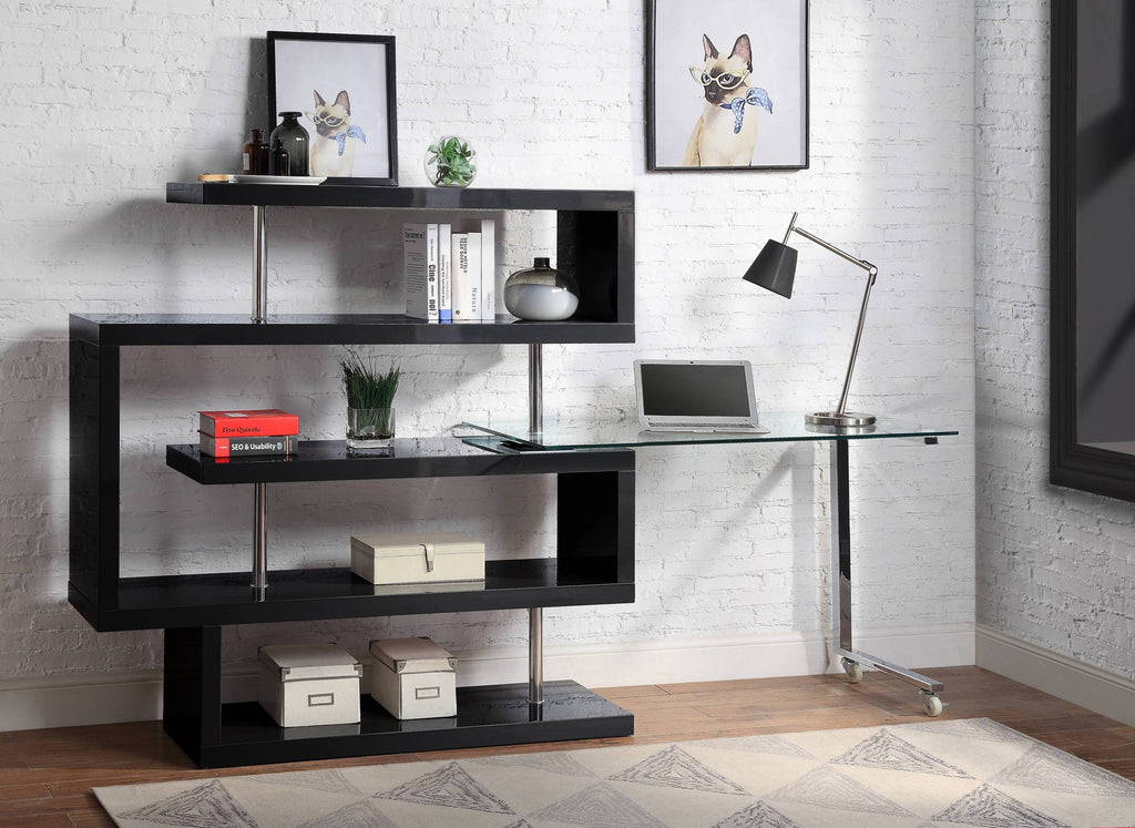 Buck II Clear Glass, Chrome High Gloss Finish Writing Desk with Shelf