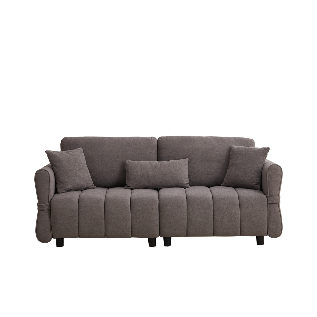 80''Premium chenille fabric sofa with 2 cushions and 1 lumbar pillow Armrest strap design,,upholstered 3-seater sofa  for living rooms, bedrooms,apartments and offices Grey