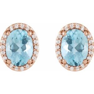 14K Rose Gold 6x4 mm Natural Aquamarine & .06 CTW Natural Diamond Halo-Style Earrings