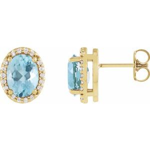 14K Yellow Gold 5x3 mm Natural Aquamarine & .04 CTW Natural Diamond Halo-Style Earrings