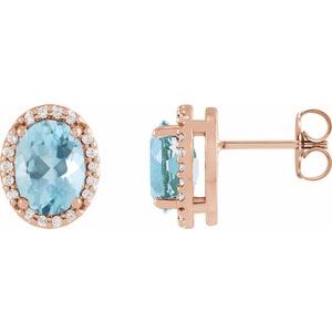 14K Rose Gold 5x3 mm Natural Aquamarine & .04 CTW Natural Diamond Halo-Style Earrings