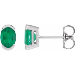 14K White Gold 6x4 mm Lab-Grown Emerald Stud Earrings