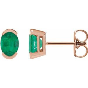 14K Rose Gold 6x4 mm Lab-Grown Emerald Stud Earrings