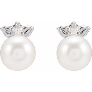14K White Gold Cultured Akoya Pearl & .03 CTW Natural Diamond  Floral Earrings