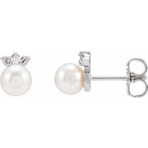 14K White Gold Cultured Akoya Pearl & .03 CTW Natural Diamond  Floral Earrings