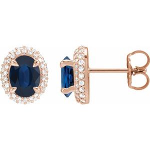 14K Rose Gold Natural Blue Sapphire & 1/2 CTW Natural Diamond Double Halo-Style Earrings