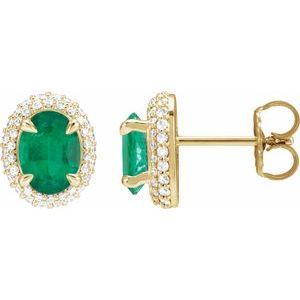 14K Yellow Gold Natural Emerald & 1/2 CTW Natural Diamond Double Halo-Style Earrings