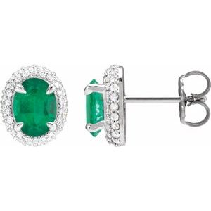 14K White Gold Natural Emerald & 1/2 CTW Natural Diamond Double Halo-Style Earrings