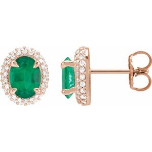 14K Rose Gold Natural Emerald & 1/2 CTW Natural Diamond Double Halo-Style Earrings