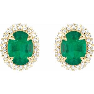 14K Yellow Gold Lab-Grown Emerald & 1/2 CTW Lab-Grown Diamond Double Halo-Style Earrings
