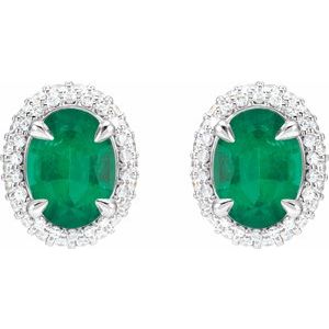 14K White Gold Natural Emerald & 1/2 CTW Natural Diamond Double Halo-Style Earrings – image 2
