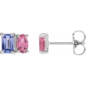 Platinum Natural Tanzanite & Natural Pink Tourmaline Two-Stone Stud Earrings