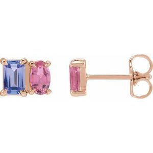 14K Rose Gold Natural Tanzanite & Natural Pink Tourmaline Two-Stone Stud Earrings