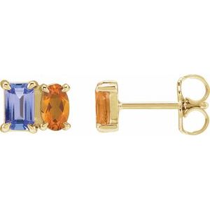 14K Yellow Gold Natural Tanzanite & Natural Citrine Two-Stone Stud Earrings