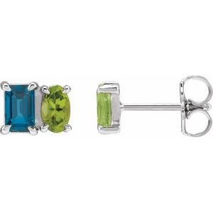 14K White Gold Natural London Blue Topaz & Natural Peridot Two-Stone Stud Earrings
