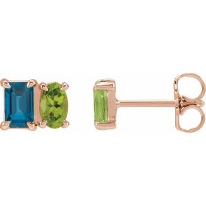 14K Rose Gold Natural London Blue Topaz & Natural Peridot Two-Stone Stud Earrings