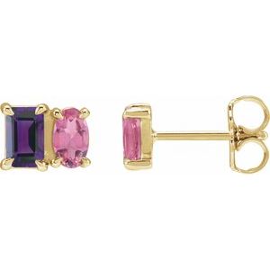 14K Yellow Gold Natural Amethyst & Natural Pink Tourmaline Two-Stone Stud Earrings