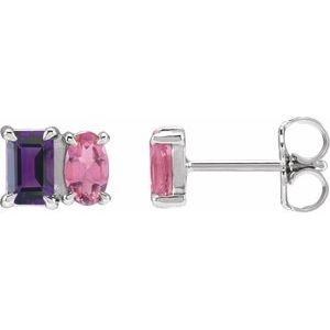Platinum Natural Amethyst & Natural Pink Tourmaline Two-Stone Stud Earrings