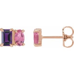 14K Rose Gold Natural Amethyst & Natural Pink Tourmaline Two-Stone Stud Earrings