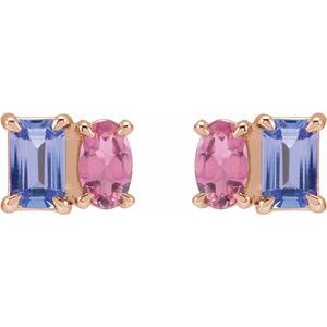 14K Rose Gold Natural Tanzanite & Natural Pink Tourmaline Two-Stone Stud Earrings – image 2